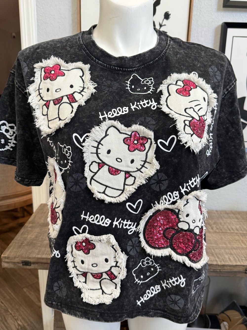 Black Acid Washed Hello Kitty Patchwork Tee with Pink bows